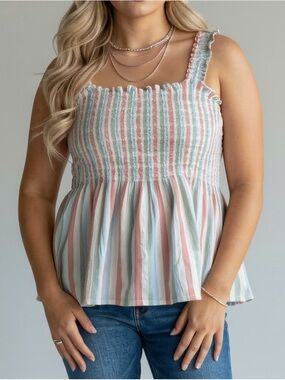 GAP Pastel Stripe Smocked Peplum Tank Top - Pink, Blue, Mint